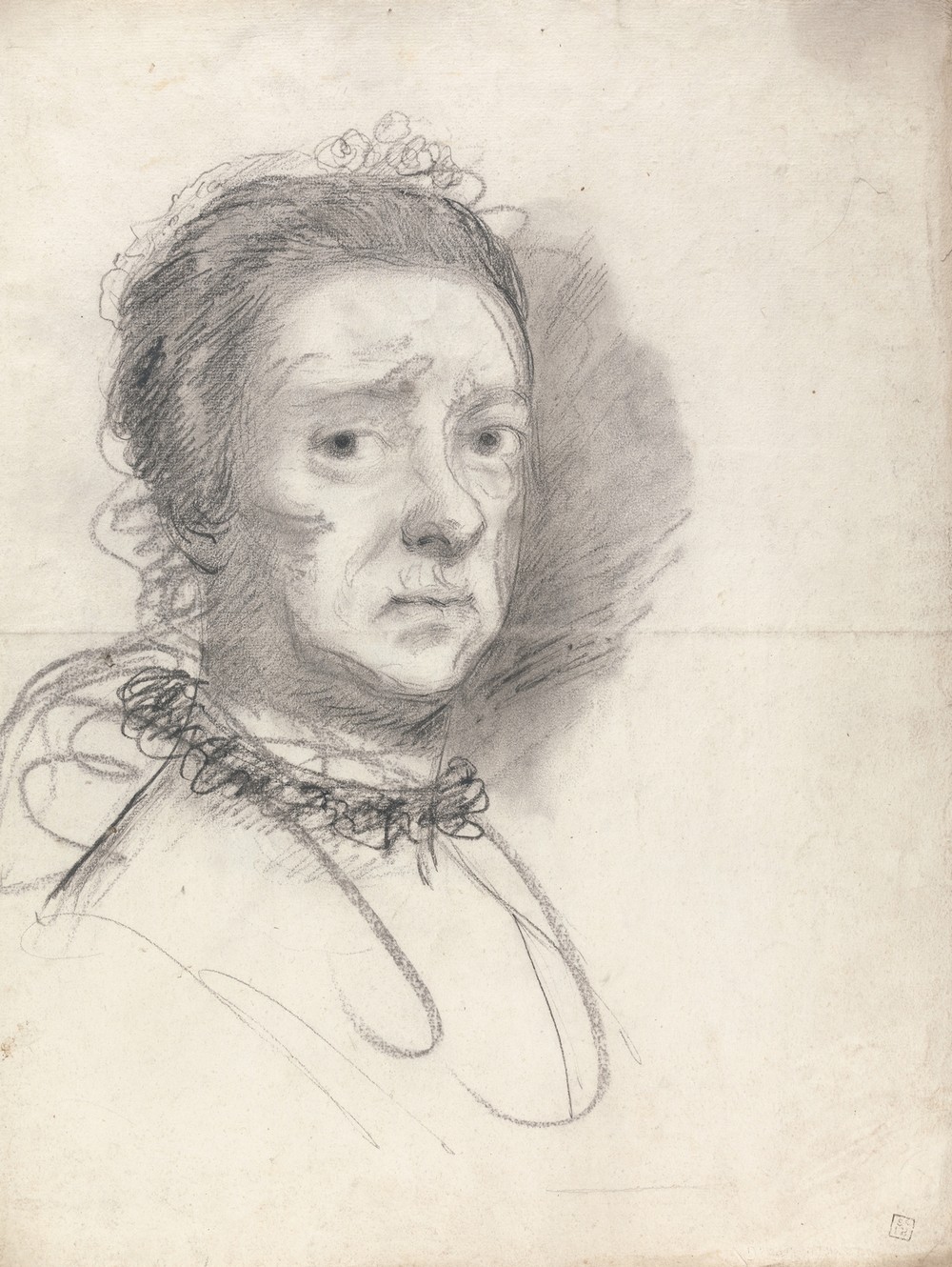 Head of an elderly lady; studies from Raphael’s Disputation