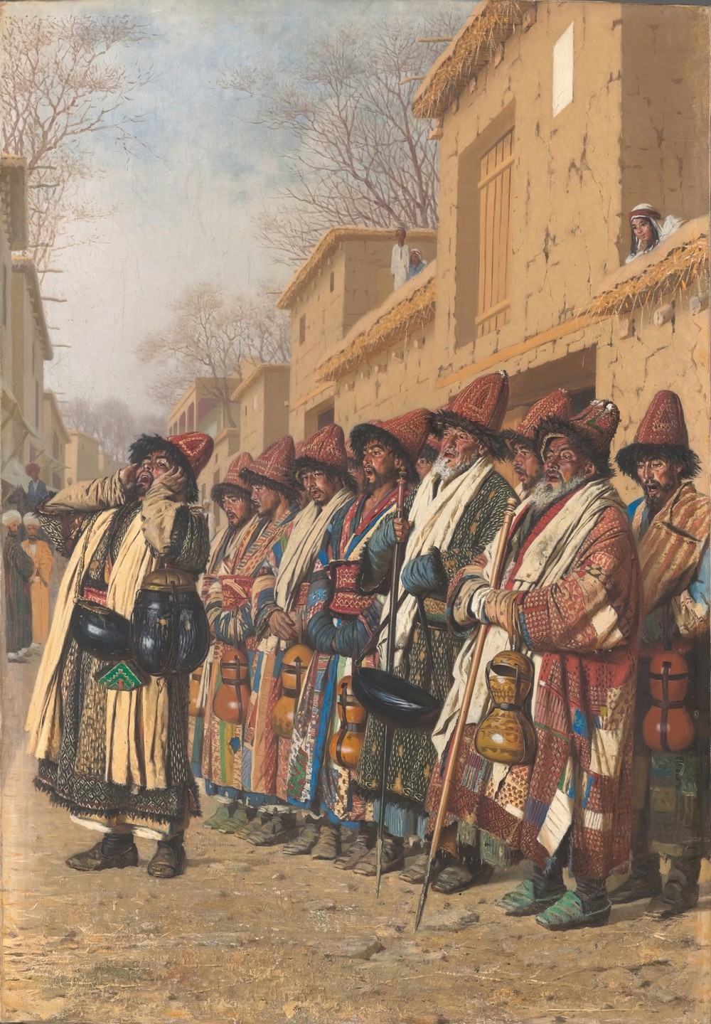Chorus of dervishes begging for alms. Tashkent