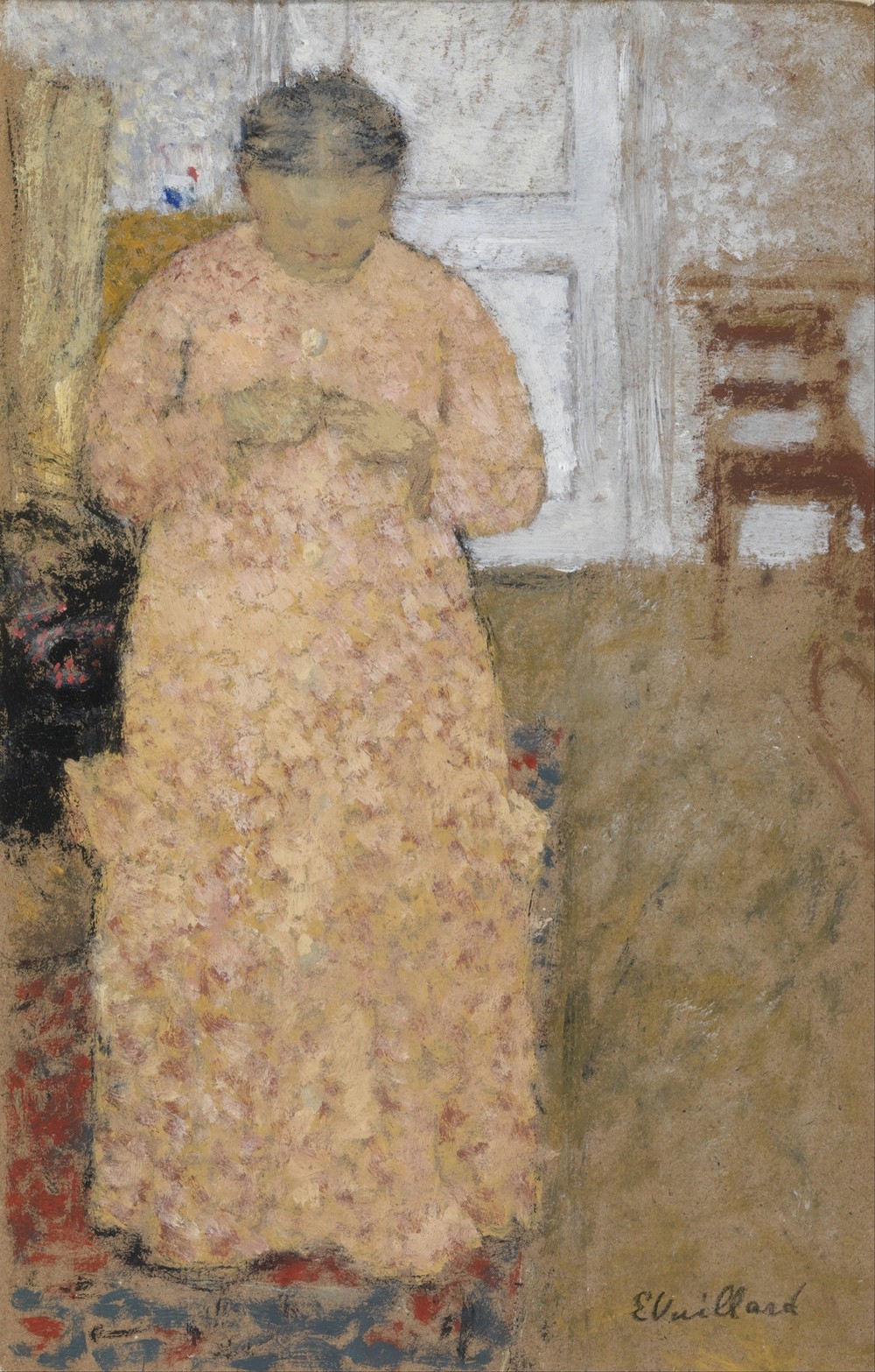 Knitting Woman in Pink Dress