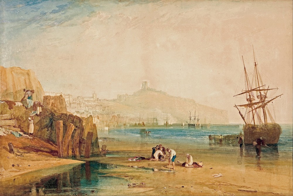 Scarborough town and castle; morning; boys catching crabs (circa 1810)