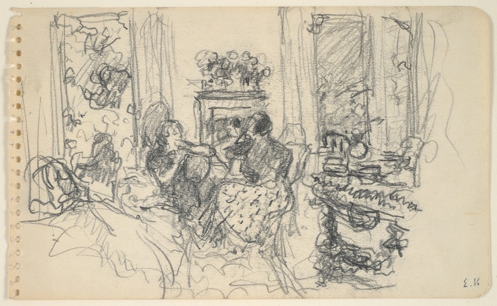 Women Conversing in a Salon with Open Windows and a Fireplace (ca. 1915)