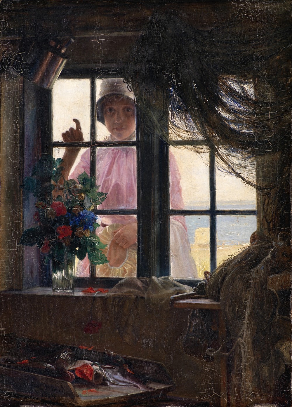 After the Bath. A Young Girl Knocking at the Fisherman’s Window
