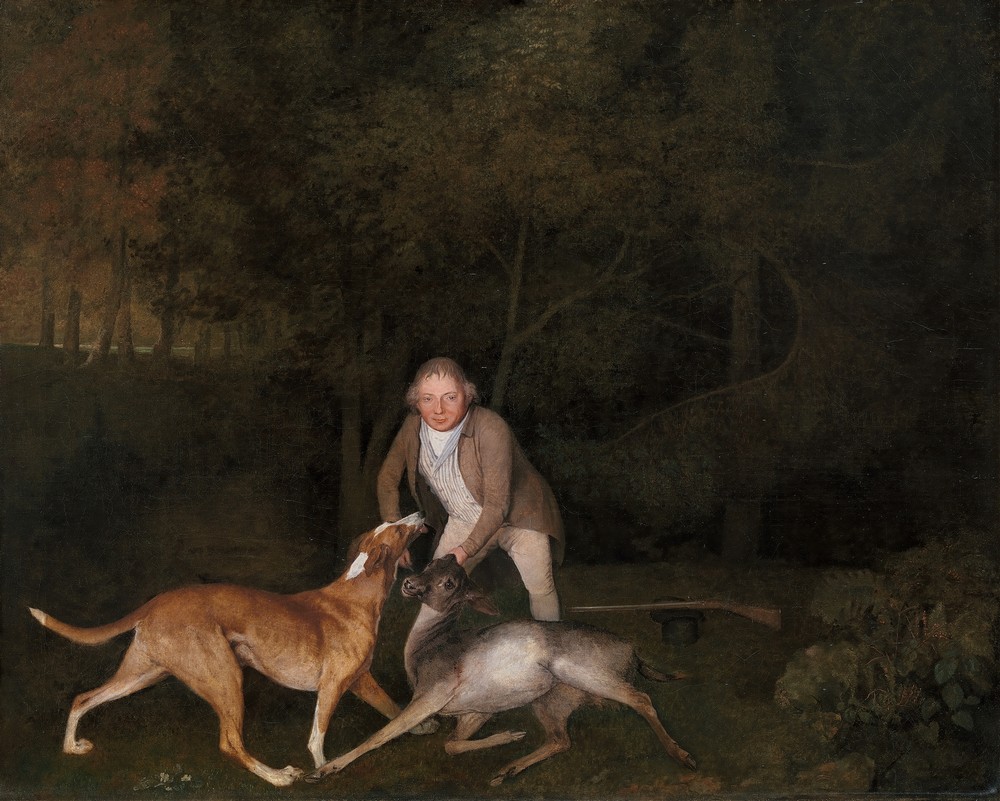 Freeman, the Earl of Clarendon’s gamekeeper, with a dying doe and hound