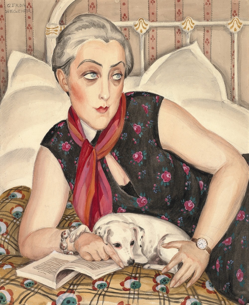 Portrait of a woman reading with a dog