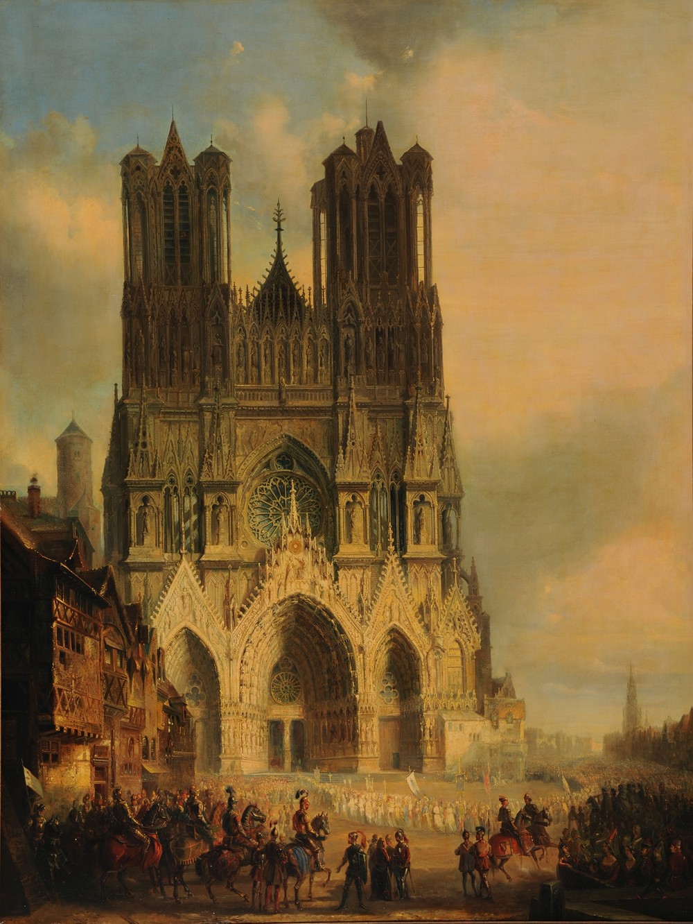 La façade de la Cathédrale de Reims avec une procession médiévale et un cortège au premier plan