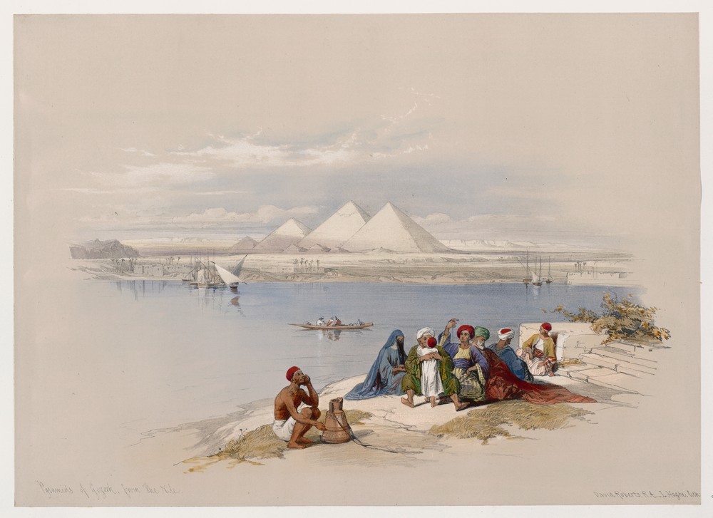 Pyramids of Gezeeh [Giza], from the Nile.