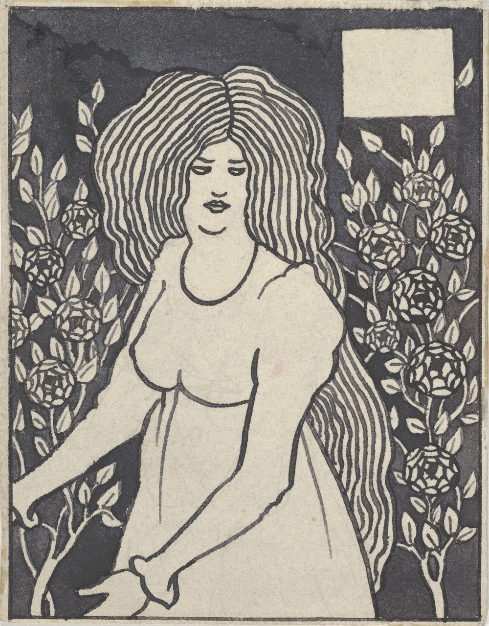Long-haired Woman in Front of Tall Rosebushes