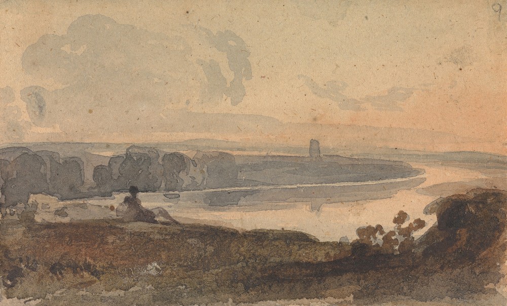 Landscape, with Winding River, Figure on Hill in Foreground