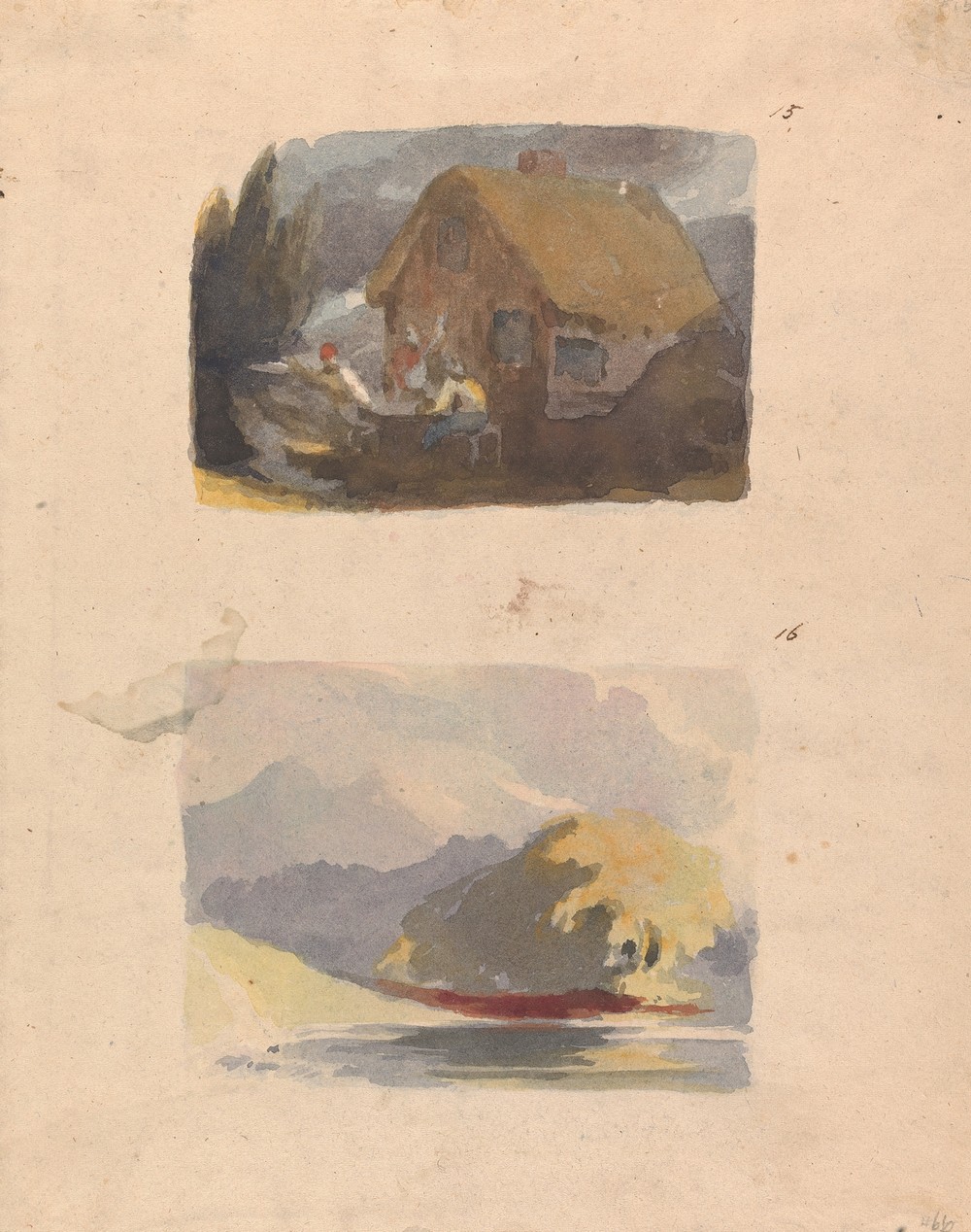 Cottage with Figures in Front (no. 15); Landscape with River and Mountains – Sunshine (no. 16)