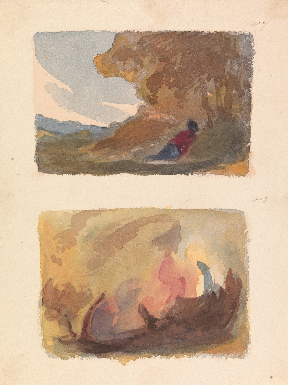 Landscape with Figure Reclining Against Hill – Titian and Venetian School (no. 7); Landscape – Variety of Watercolor Washes