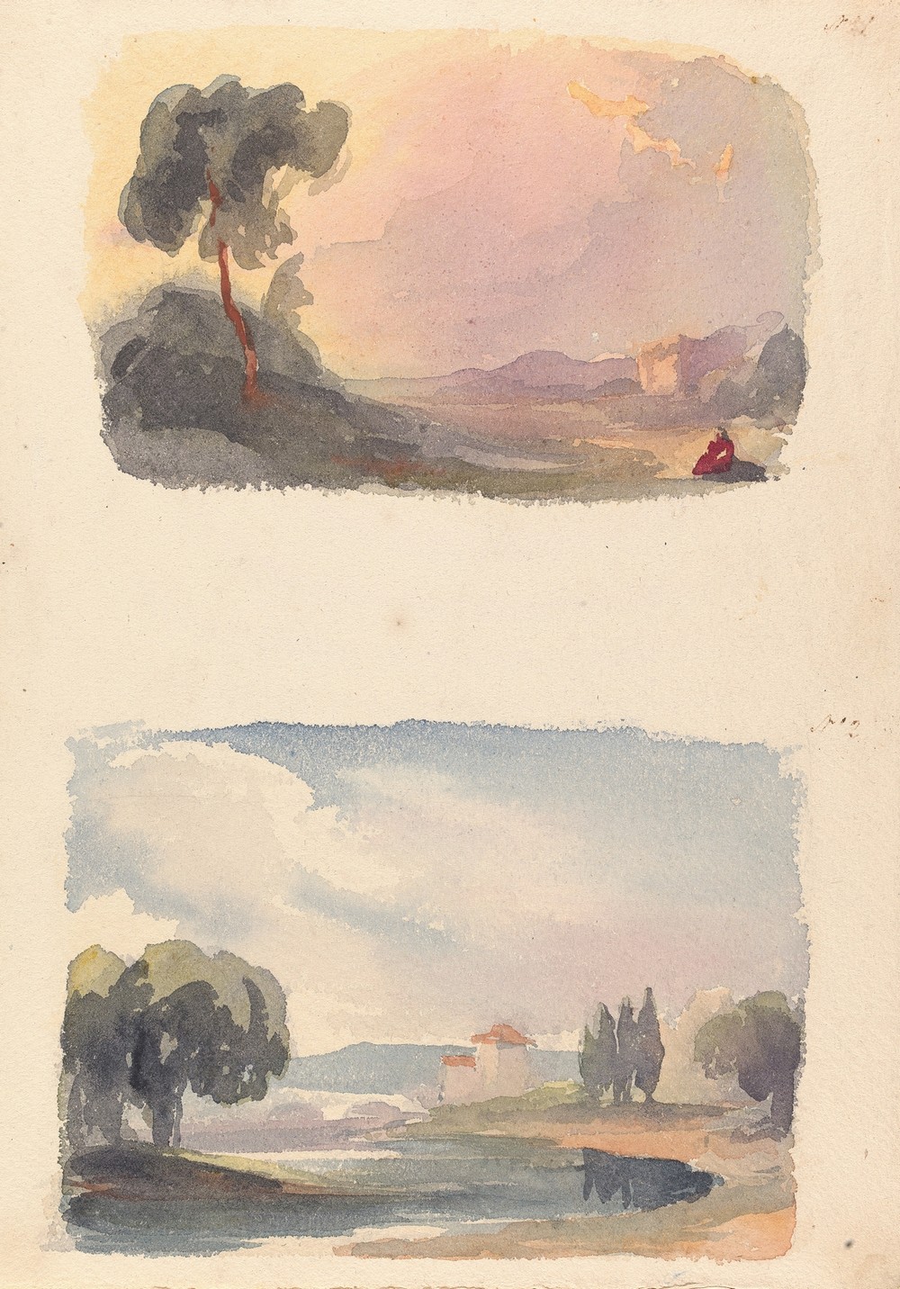 Landscape with Mountains in Distance and Seated Figures in Foreground, Landscape with River and Building, Mountains in Distance