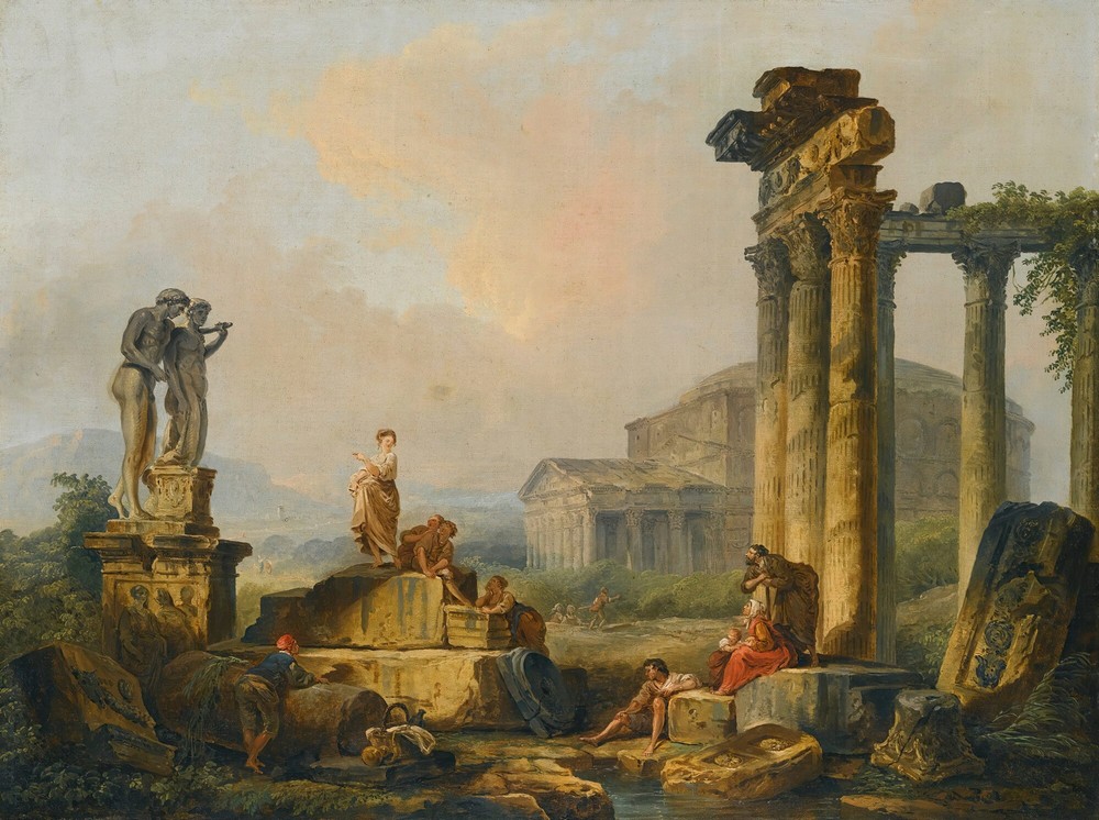 A Landscape With Shepherds And Shepherdesses Among Ancient Ruins, With The Statue Of Castor And Pollux And The Pantheon Beyond