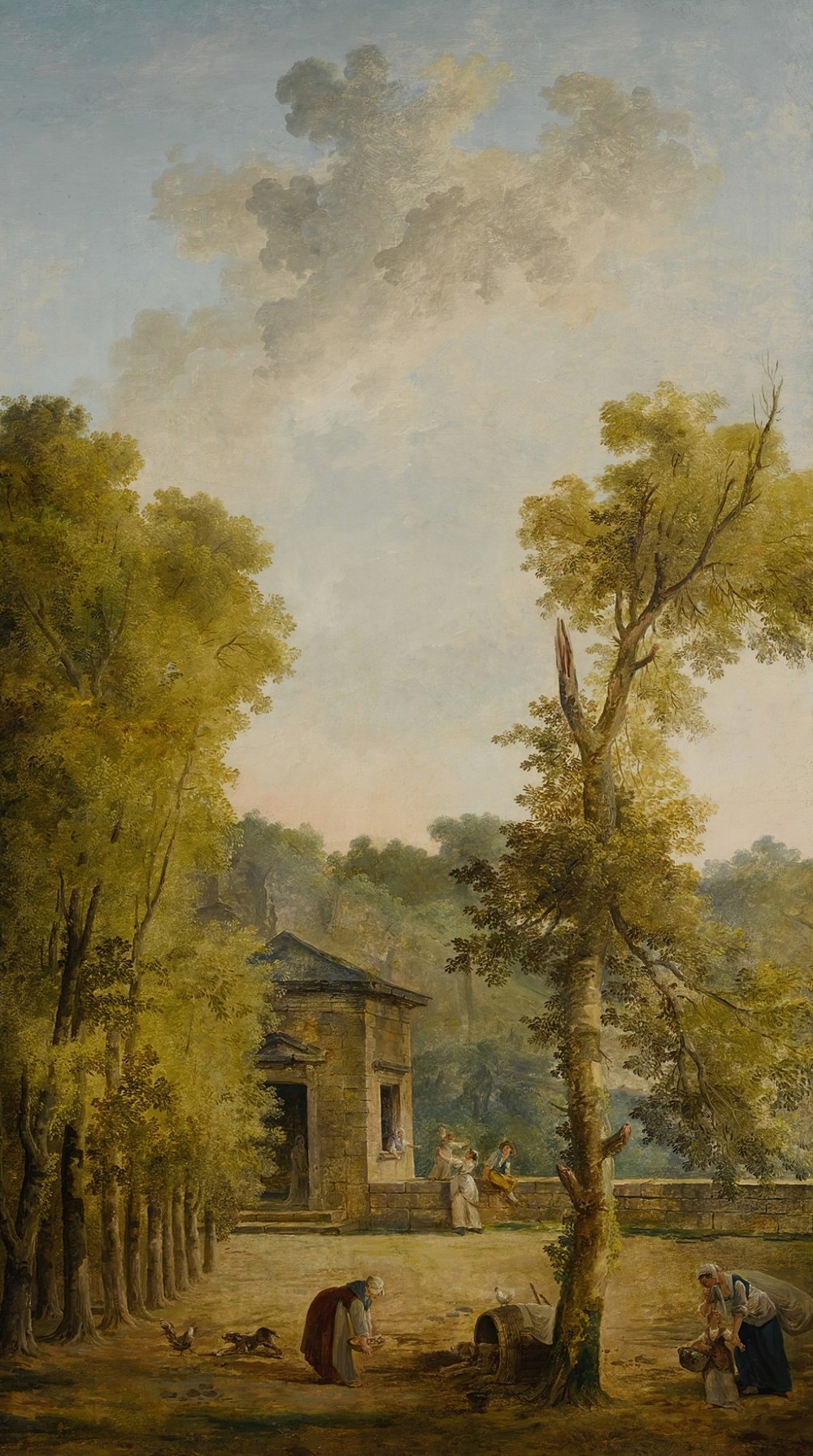 View of a walled garden courtyard, with a woman feeding chickens and other figures in the foreground
