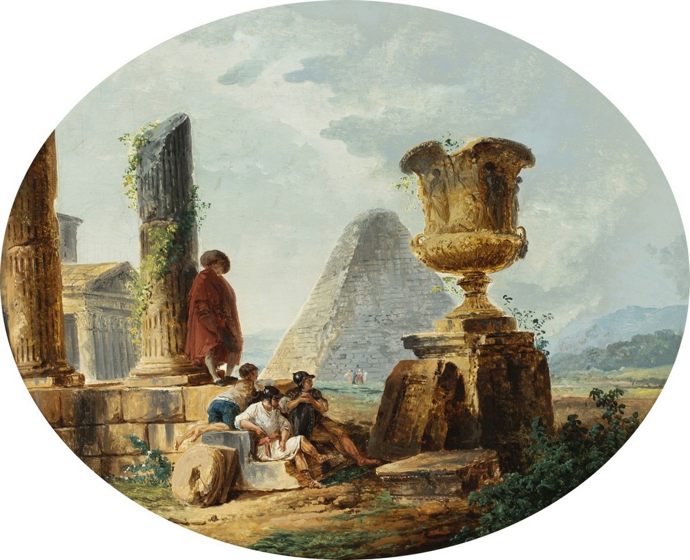 Landscape with soldiers and a pyramid