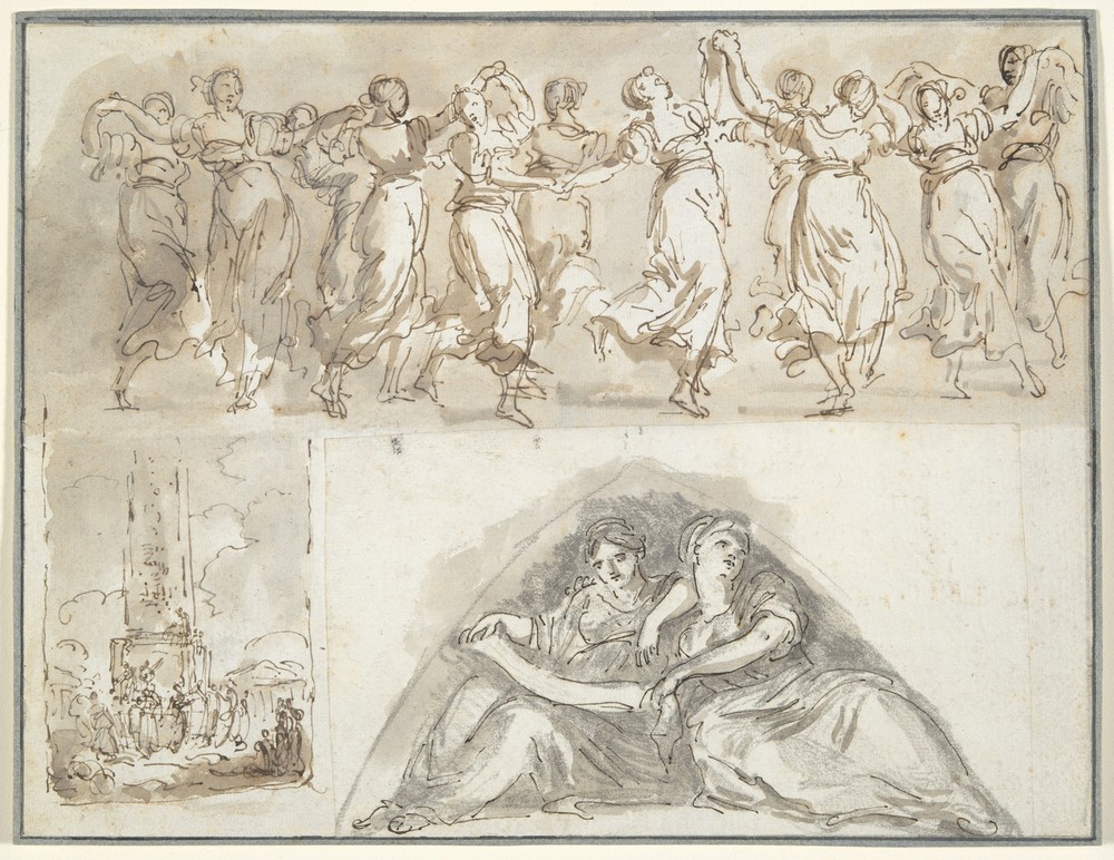 Sheet of Sketches; Frieze of Dancing Women, Dancing Women at the Foot of an Obelisk, and Two Seated Female Figures in a Pendentive (ca. 1798)