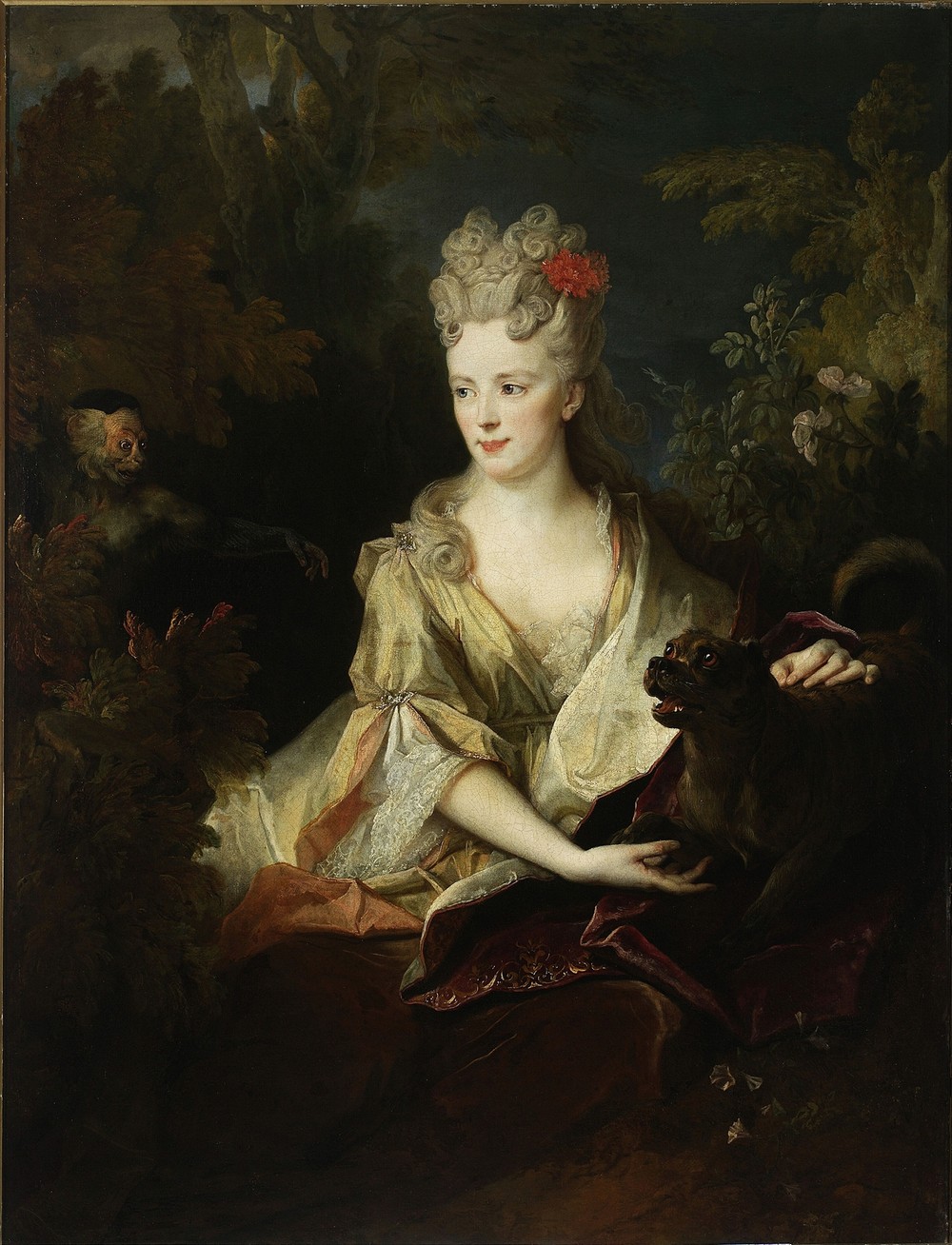 Portrait of a lady with a dog and a monkey