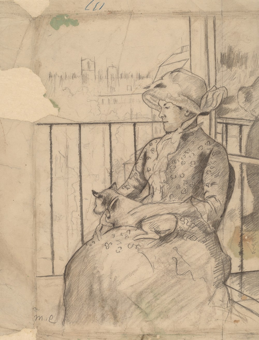 Susan on a Balcony Holding a Dog (recto) (c. 1883)