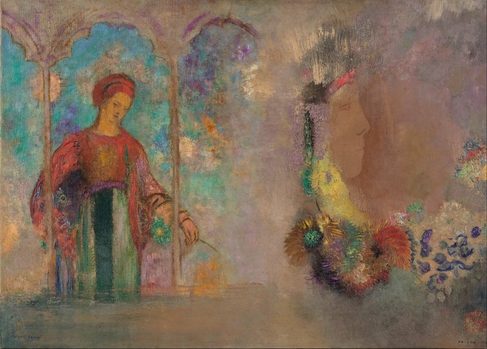 Woman in a gothic arcade; woman with flowers