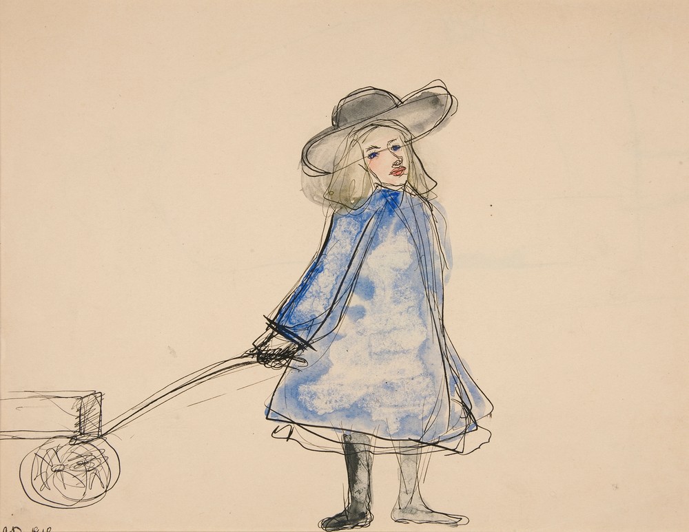 Girl Pulling Wagon (Plain Girl In Blue Dress)