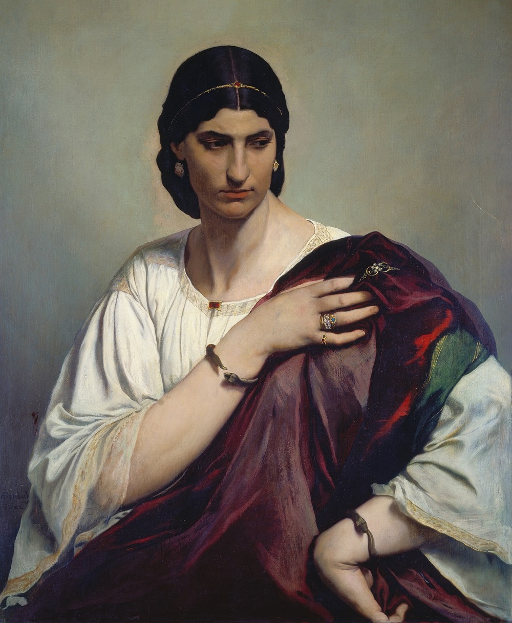 Lucrezia Borgia, Portrait of a Roman woman in white tunic and red robe (ca. 1862 – 1866)