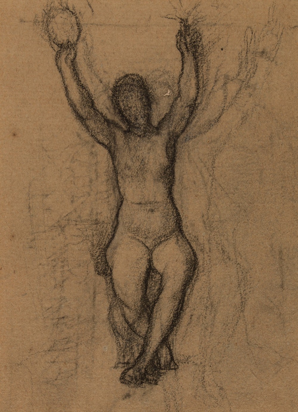 Femme nue assise de face, les deux bras levés