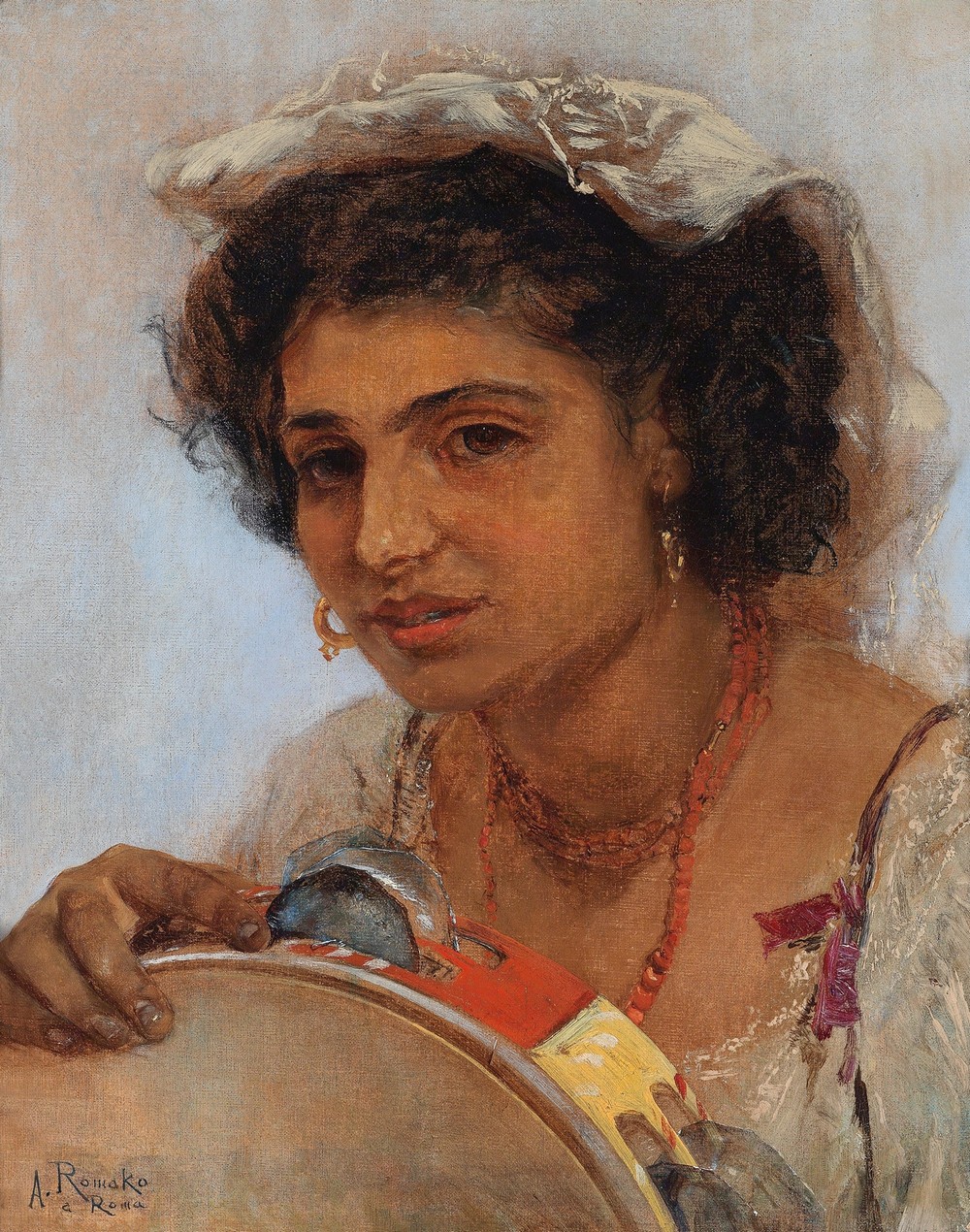 Italienisches Mädchen mit Kopftuch und Tamburin