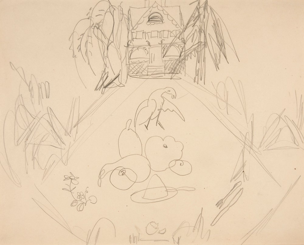 Untitled [doves, fruits, vegetables, house, written notes]