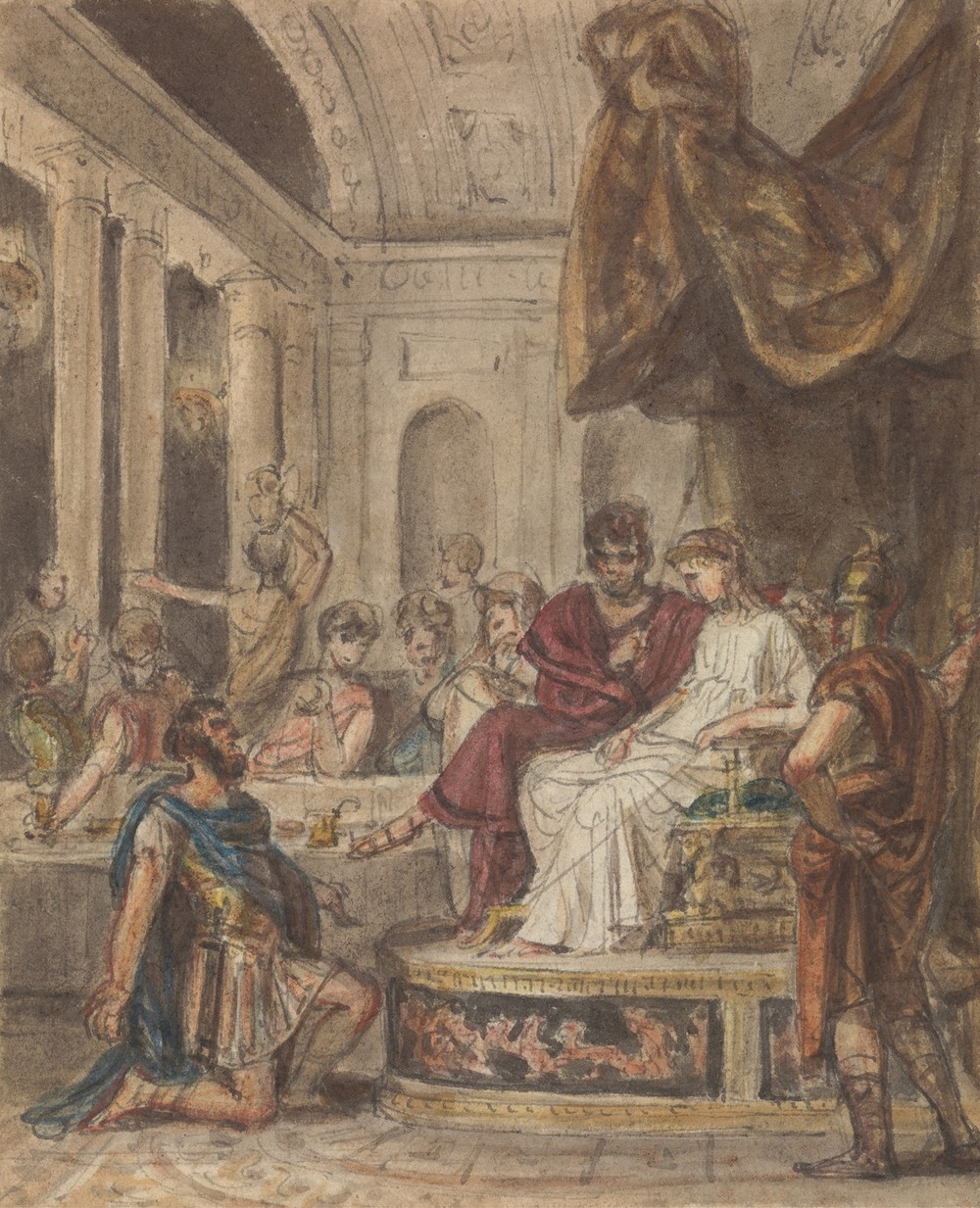 Banquet Scene, with a Roman Soldier Kneeling to a Famale Figure Sitting on a Throne
