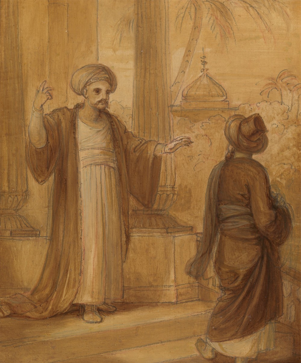Illustration for an Eastern Romance, possibly ‘The Arabian Nights’, with Two Male Figures Standing