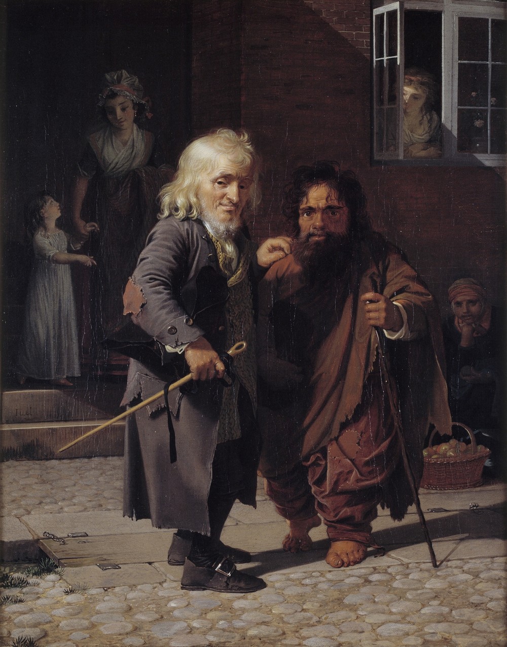 Two Dwarfs; Obligeert, a Jewish pigtail-ribbon Vendor, beside the Roman Dwarf Bajocco in one of the Streets of Copenhagen