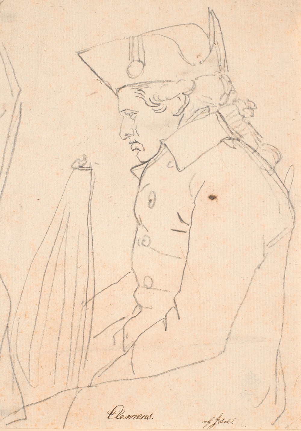 Portræt af kobberstikkeren J.F.Clemens. Trekvartfigur siddende i profil mog venstre