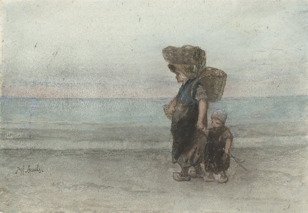 Vrouw met kind, lopend over het strand