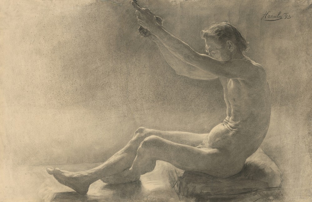 Study of a sitting male nude with arms raised