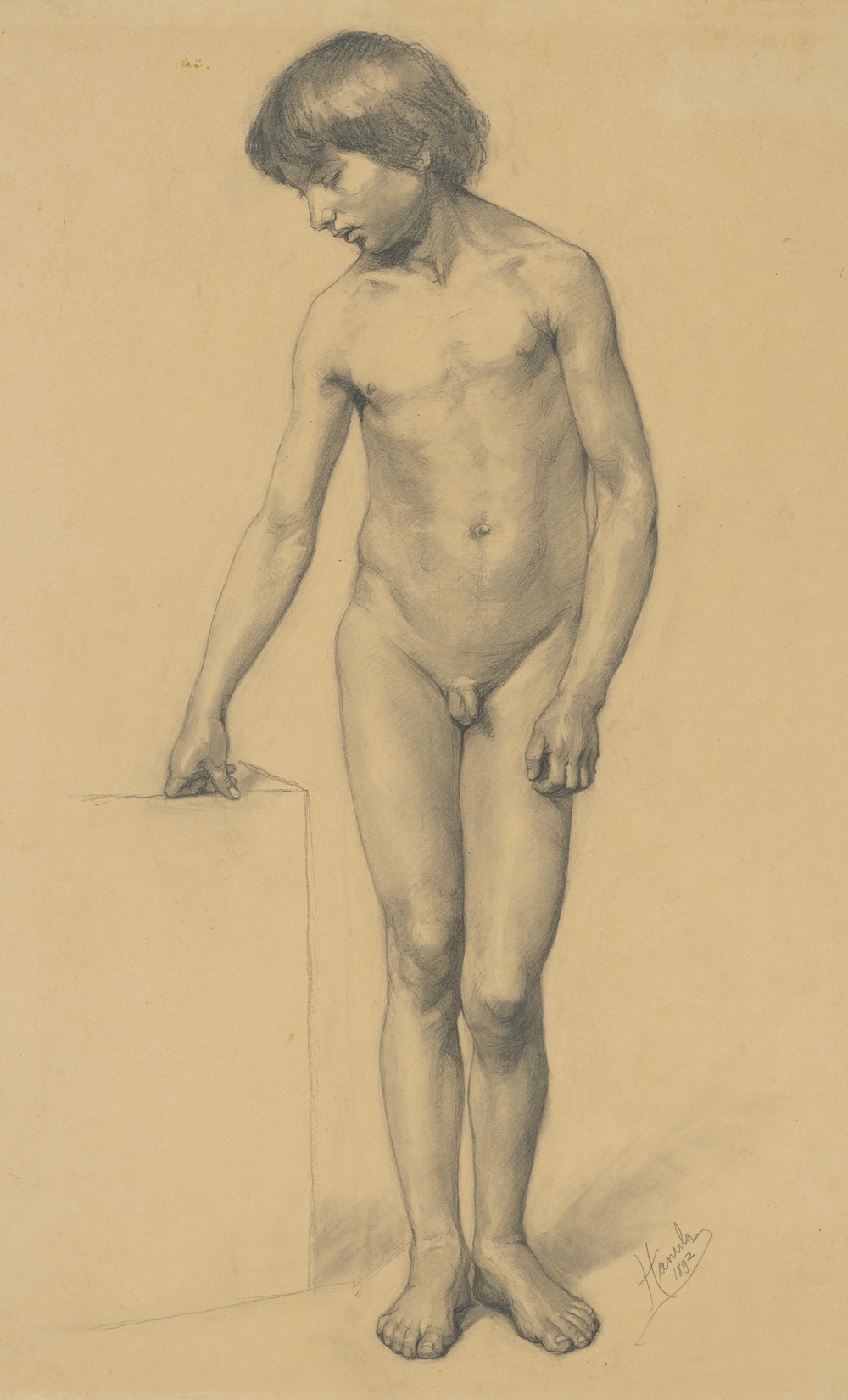A study of a boy’s nude resting on a pedestal