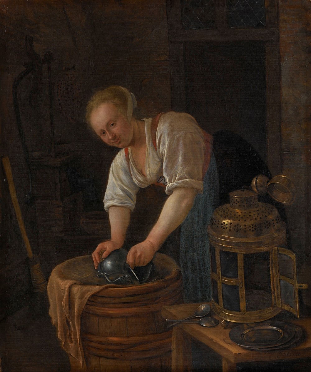 Woman scouring metalware