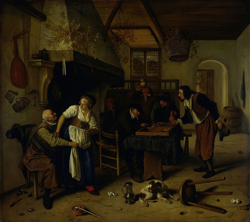 Interior of an inn with an old man amusing himself with the landlady and two men playing backgammon, known as ‘Two kinds of games’