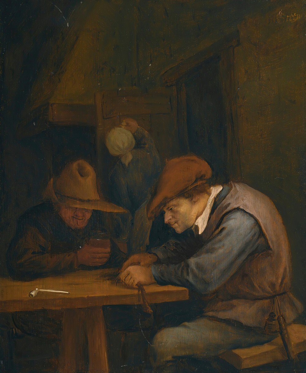Peasants drinking and cutting tobacco in an inn