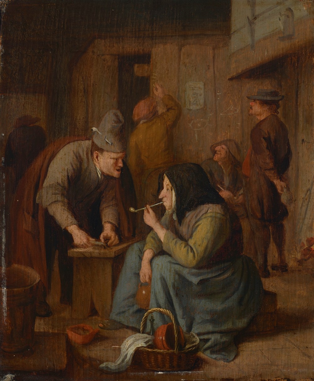 A tavern interior with a woman smoking a pipe and a man cutting tobacco