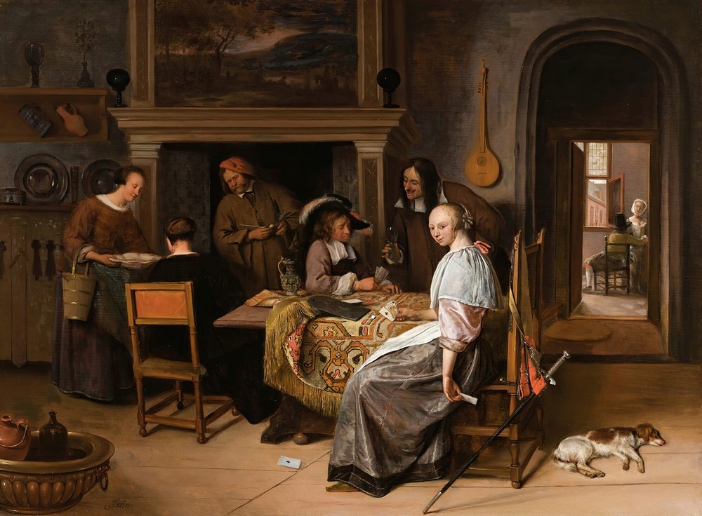 An Elegant Company In An Interior With Figures Playing Cards At A Table