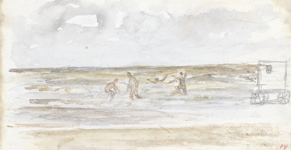 Baders in zee en een strandkoets