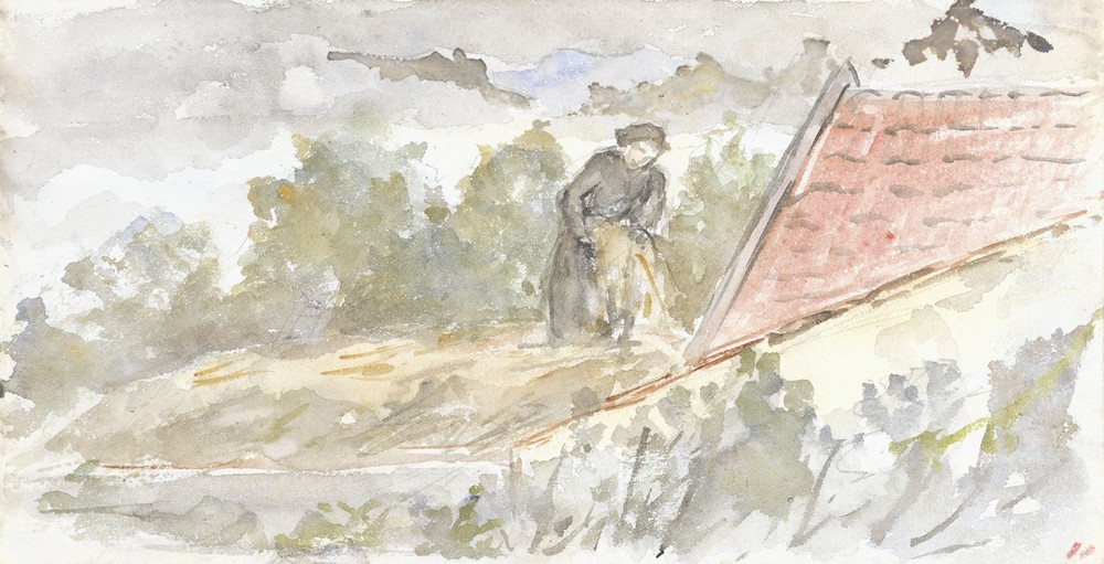 Landschap met vrouw en dak van een huis