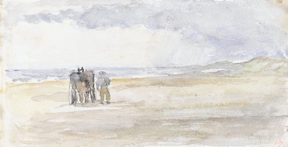 Man met paard en wagen op het strand