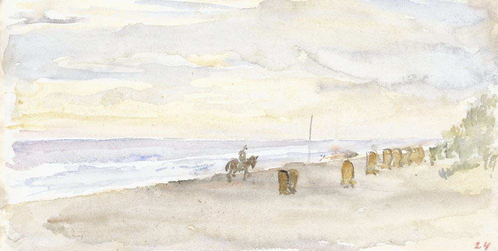 Strandgezicht met ruiter en badstoelen