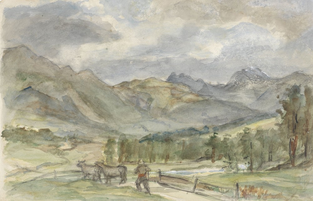 Berglandschap met veehoeder en twee koeien