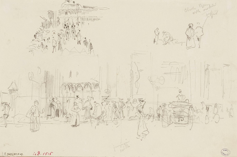 Personnages et calèches sur un boulevard