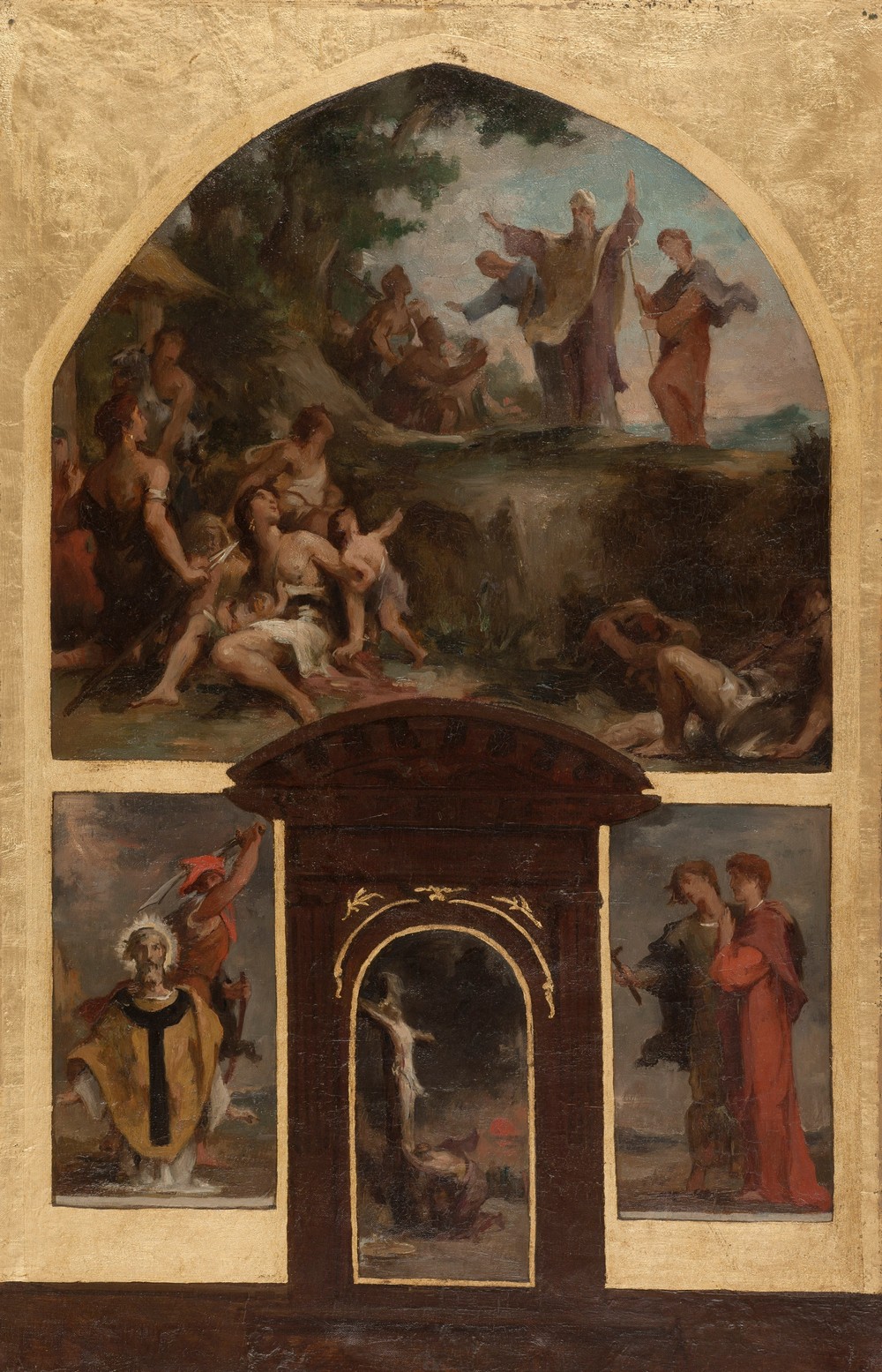 Prédication de saint Denis et conversion des Gaulois. Décollation de saint Denis. Christ en croix. Saint Rustique et saint Eleuthère.