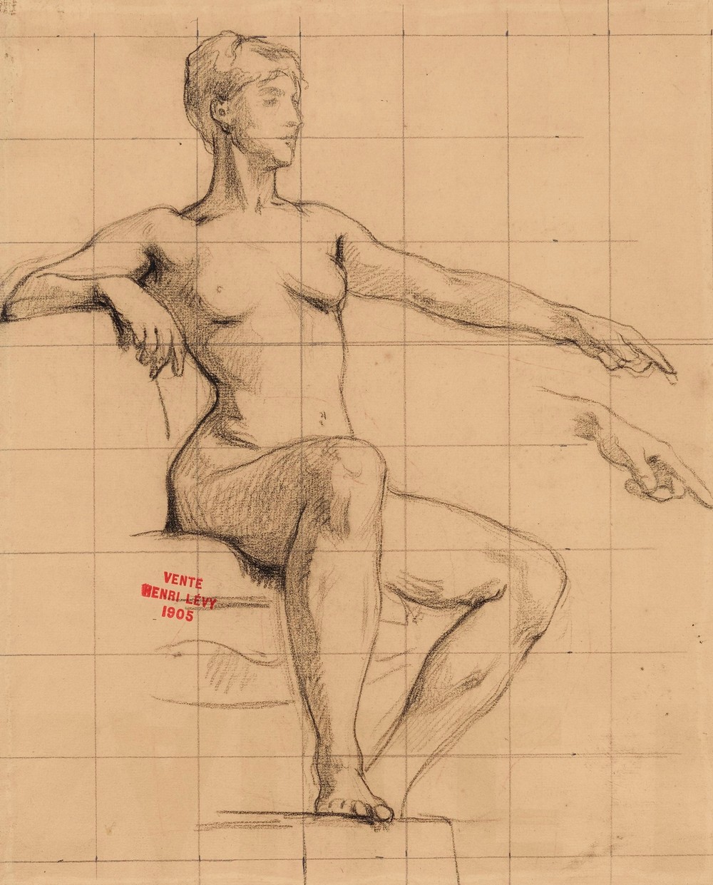 Etude de jeune femme nue assise pointant l’index gauche vers l’avant