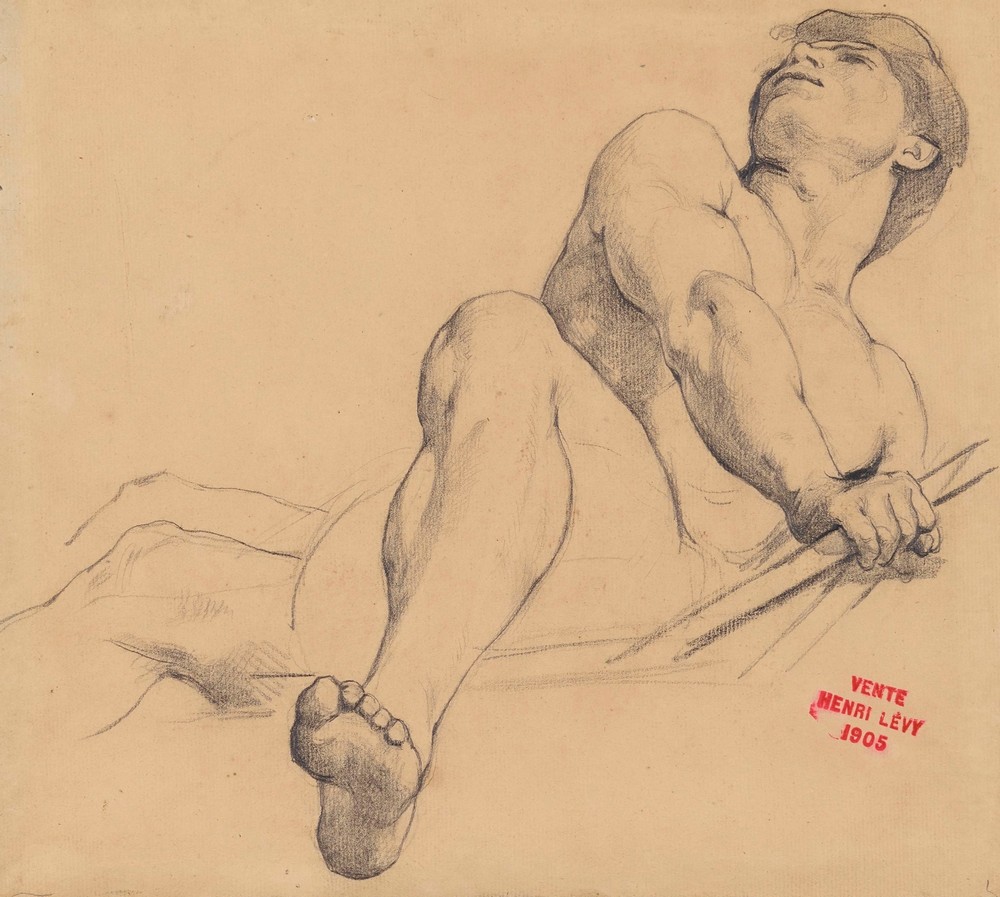 Etude de jeune homme allongé, le pied gauche en avant
