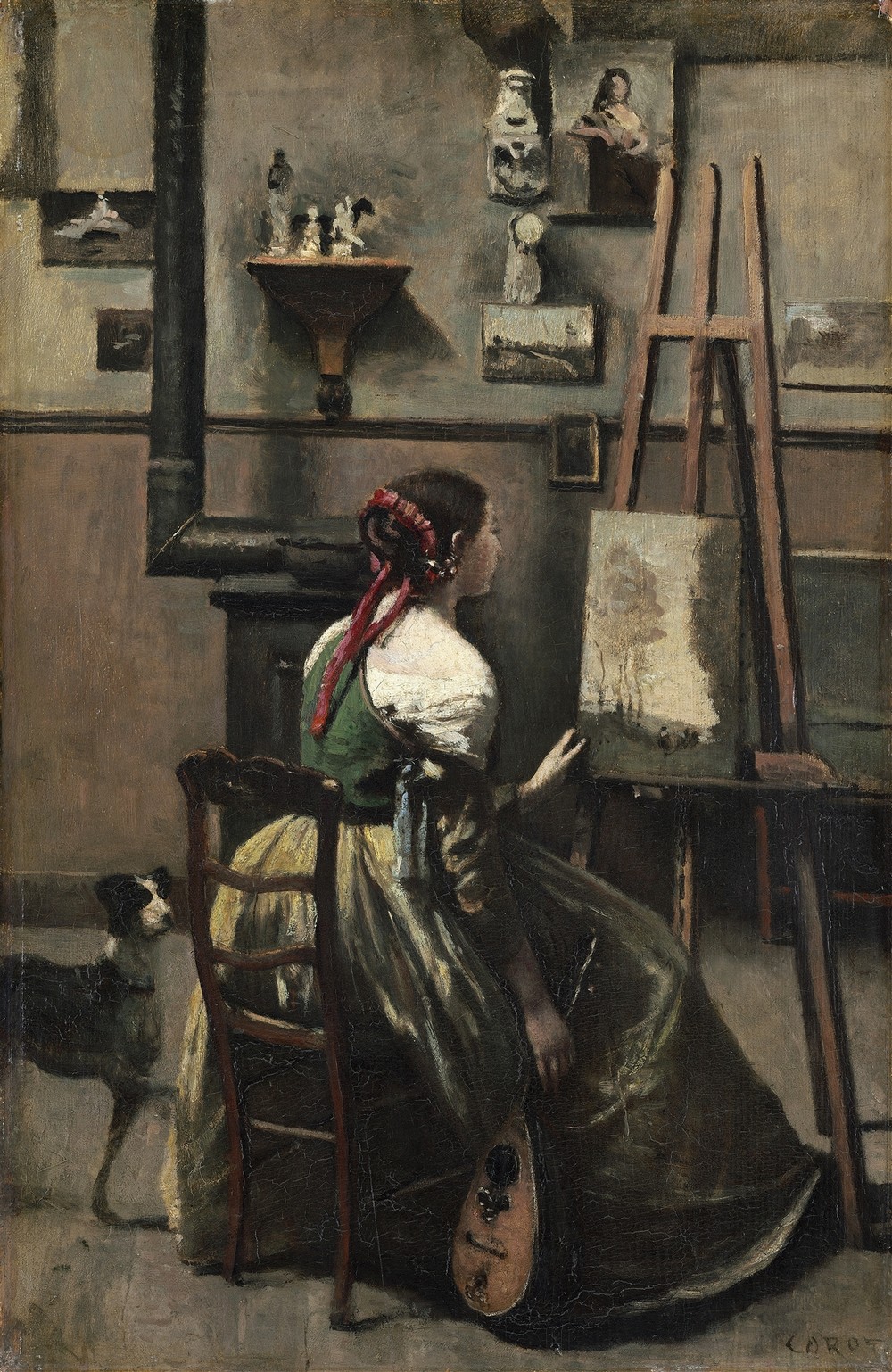 Corot’s Studio – Woman Seated Before an Easel,a Mandolin in her Hand (c. 1868)