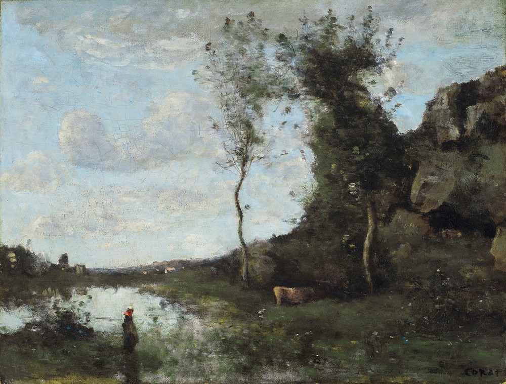 Une Paysanne Et Sa Vache À La Mare En Vue D’un Village (ca 1860-1865)